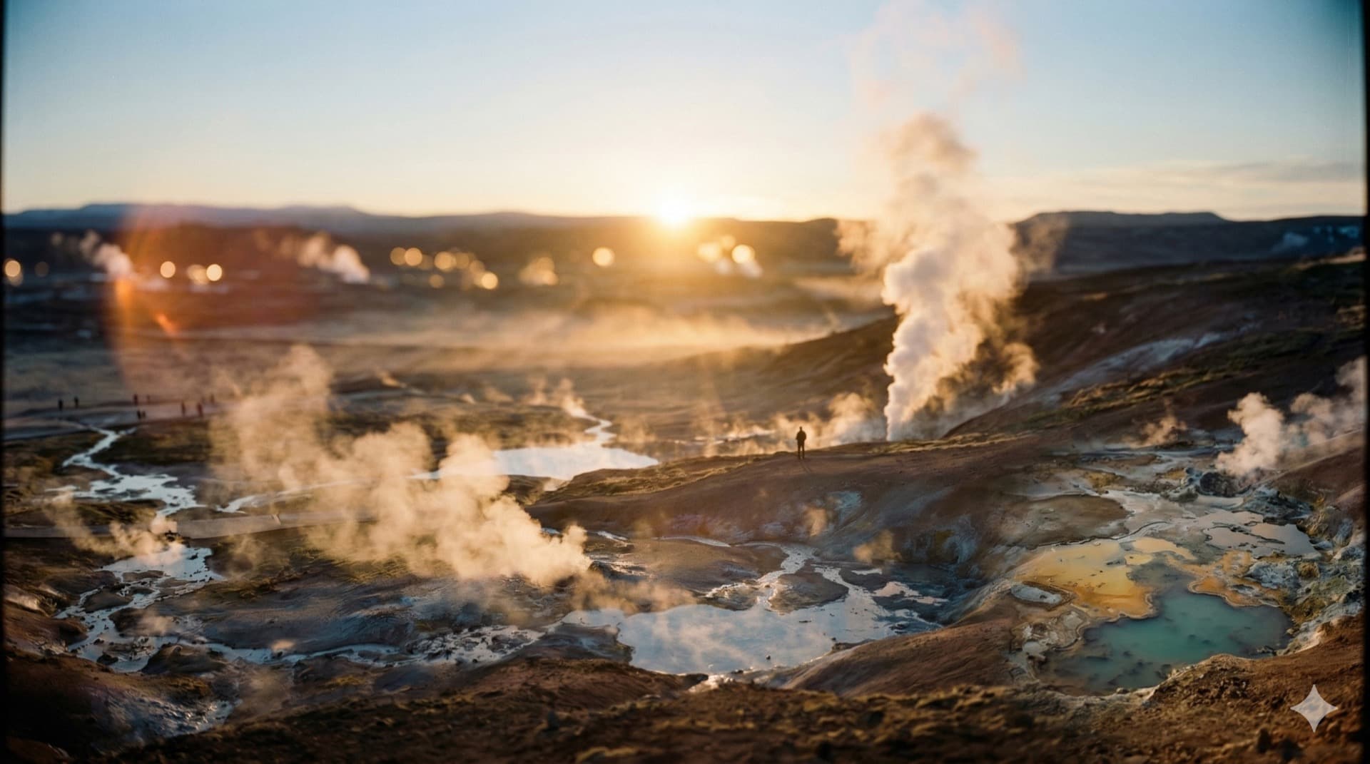 Geothermal landscape at sunset